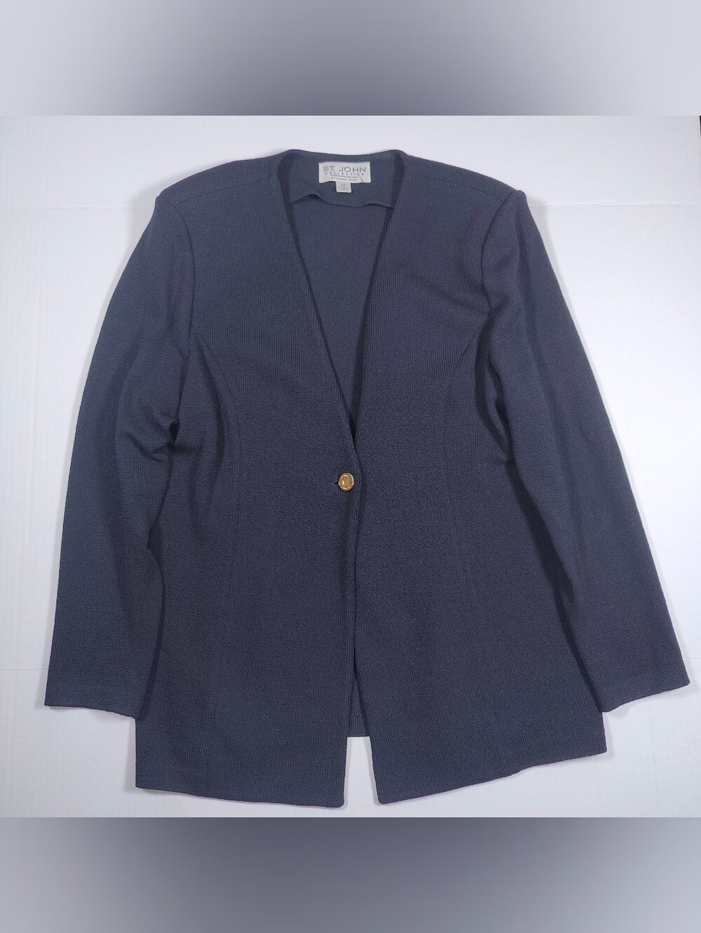 Vintage ST. JOHN Black Santana Knit Gold Button Blazer Size 14 Made In USA